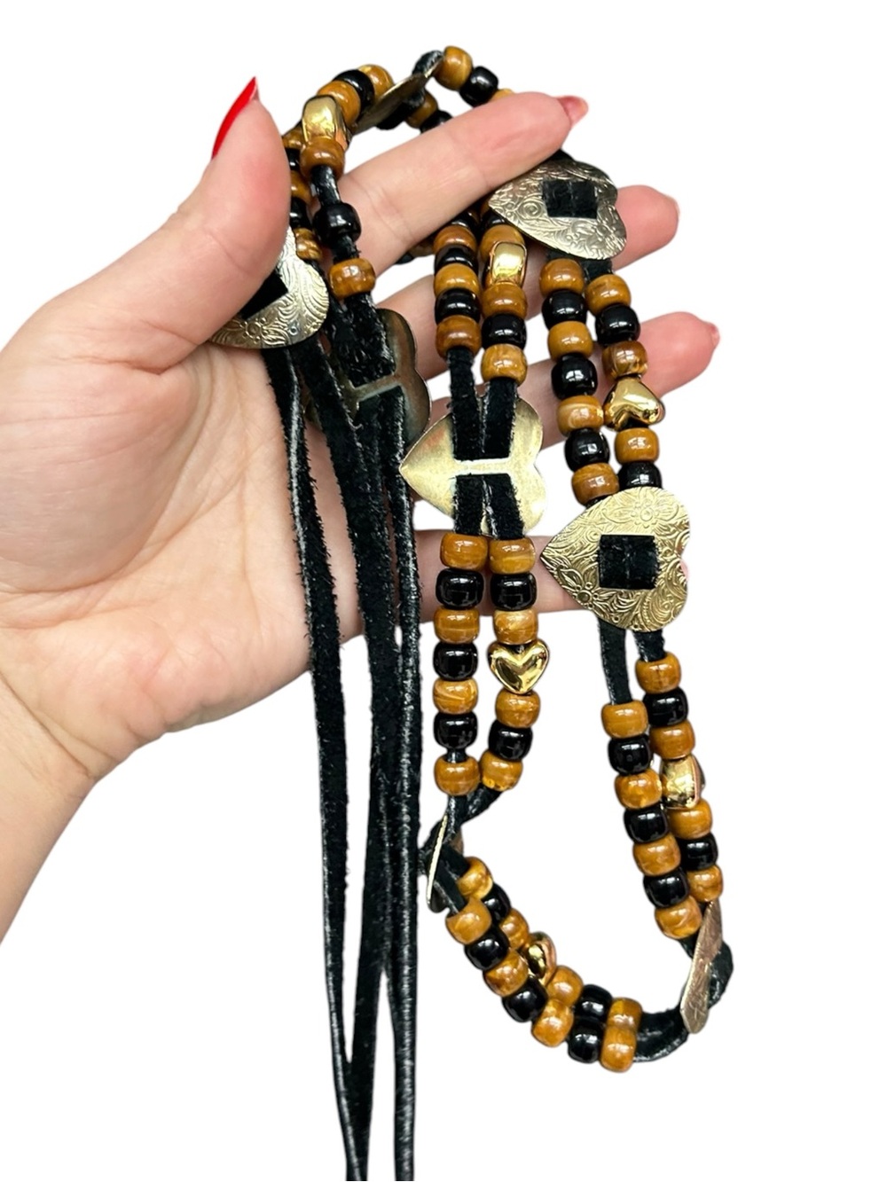 Vintage Beaded Leather Wrap Tie Belt Hearts Western Boho Waist Belt